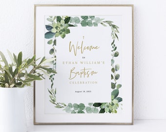 Small Baptism Welcome Sign Template, Lush Greenery, Baptism Table Sign, Printable, Editable, 8x10 Baptism Sign, Templett INSTANT Download