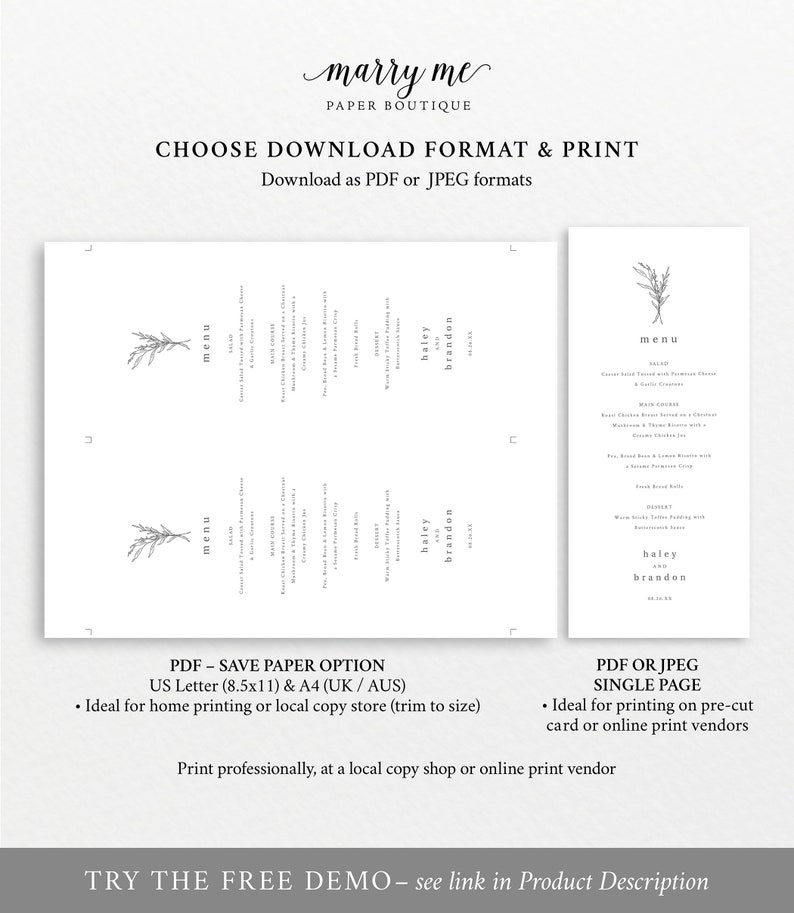 Wedding Menu Template Tall, Modern Rustic Design, Templett Instant Download, Editable Menu Printable, Try Before Purchase imagen 5