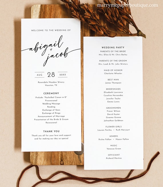 Wedding Program Template, Minimalist Calligraphy, Editable, 4x9, Modern Wedding Ceremony Program, Printable, Templett INSTANT Download