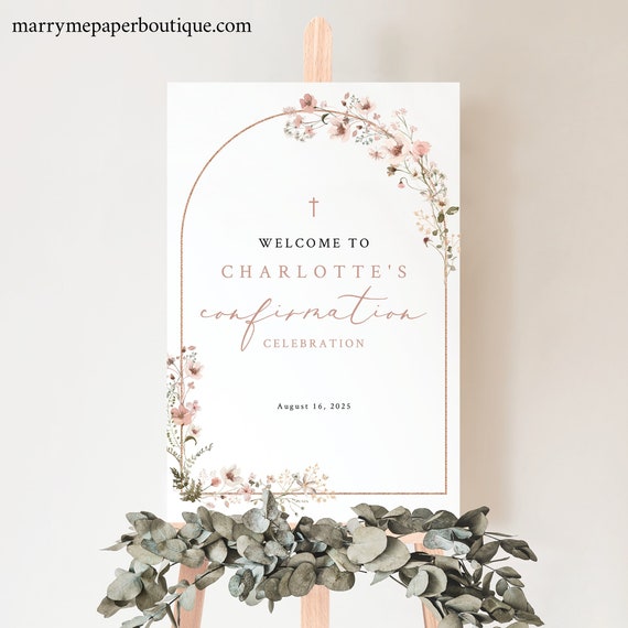Confirmation Welcome Sign Template, Rustic Pink Flowers Arch, Editable, Pink Floral Confirmation Sign, Printable, Templett INSTANT Download
