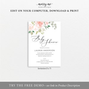 Baby Shower Invitation Template, Editable, Baby Shower Invite Printable, Instant Download, Try Before Purchase, Pink & Blush Floral image 3