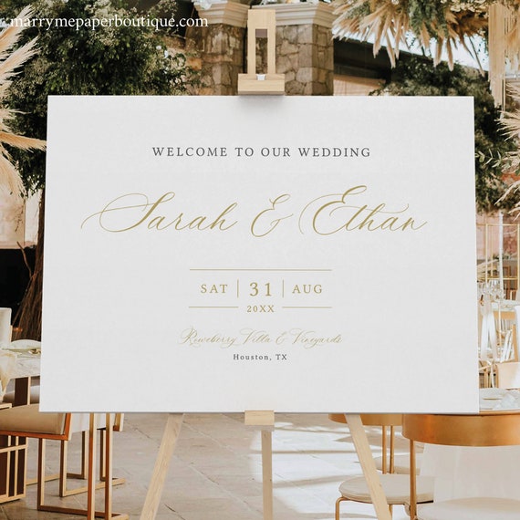 Wedding Welcome Sign Template, Calligraphy Design in Gold, Editable, Gold Welcome To Our Wedding Sign, Printable, Templett INSTANT Download