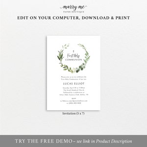 First Communion Invitation Template, Elegant Greenery, First Holy Communion Invite Card, Editable, Templett INSTANT Download, Printable image 4