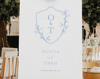 Welcome to our Wedding Sign, Light Blue Crest & Monogram, Wedding Welcome Sign Template, Editable, Portrait, Templett INSTANT Download