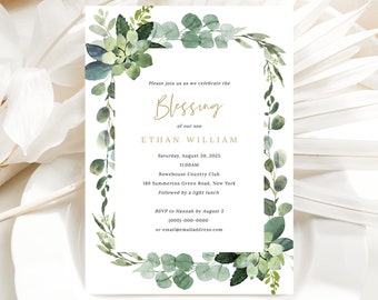 Child Blessing Ceremony Invitation Template, Lush Greenery, Editable Greenery Blessing Invitation Card, Templett INSTANT Download, Printable
