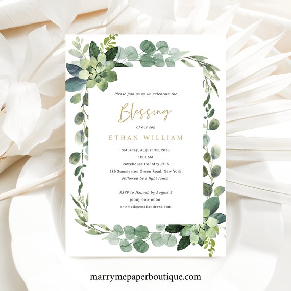 Child Blessing Ceremony Invitation Template, Lush Greenery, Editable Greenery Blessing Invitation Card, Templett INSTANT Download, Printable