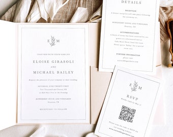 Wedding Invitation Template Set, Leaf Monogram Border, Pocketfold, Editable Wedding Invite, QR Code RSVP, Details, Templett Instant Download