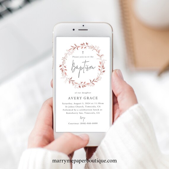 Digital Baptism Invitation Text Template, Rose Gold Wreath, Editable, Girl Baptism Invite, Electronic Text Invite, Templett INSTANT Download