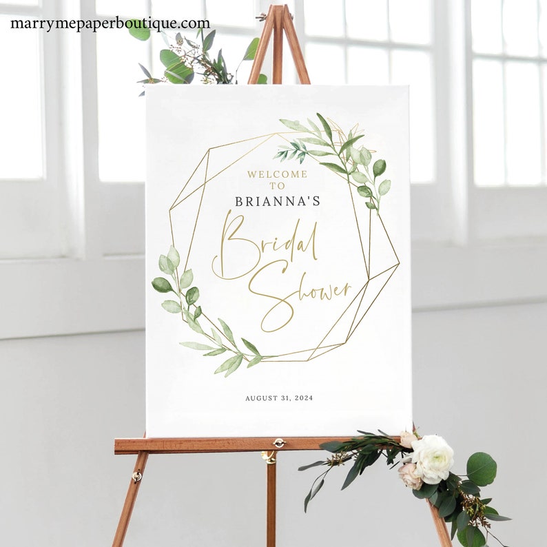 Bridal Shower Welcome Sign Template, Greenery & Gold, Templett, Printable Editable Instant Download, Try Before Purchase afbeelding 2