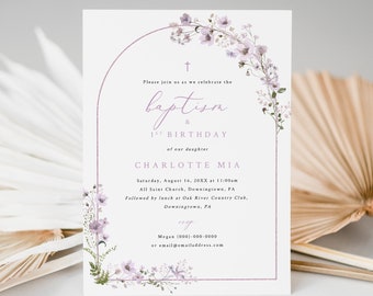 Baptism & First Birthday Invitation Template, Lavender Flowers Arch, Editable, Baptism and 1st Birthday Card, Templett INSTANT Download
