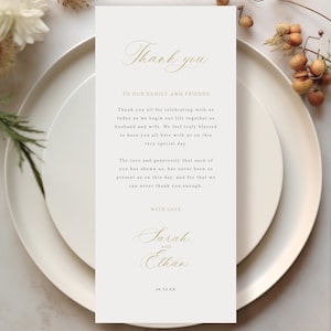 Thank You Note Template, Calligraphy Design in Gold, Wedding Table Thank You Letter, Printable, 4x9, Editable, Templett INSTANT Download