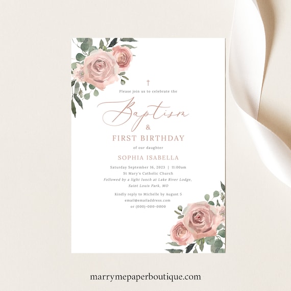 Baptism & First Birthday Invitation Template, Dusky Pink Floral, Baptism Birthday Invite Printable, Editable, Templett INSTANT Download