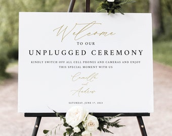 Unplugged Ceremony Sign Template, Stylish Script Gold, Demo Available, Editable & Printable Instant Download, Templett