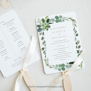 Wedding Program Fan Template, Lush Greenery, Wedding Fan Program, Printable, Editable, Templett INSTANT Download