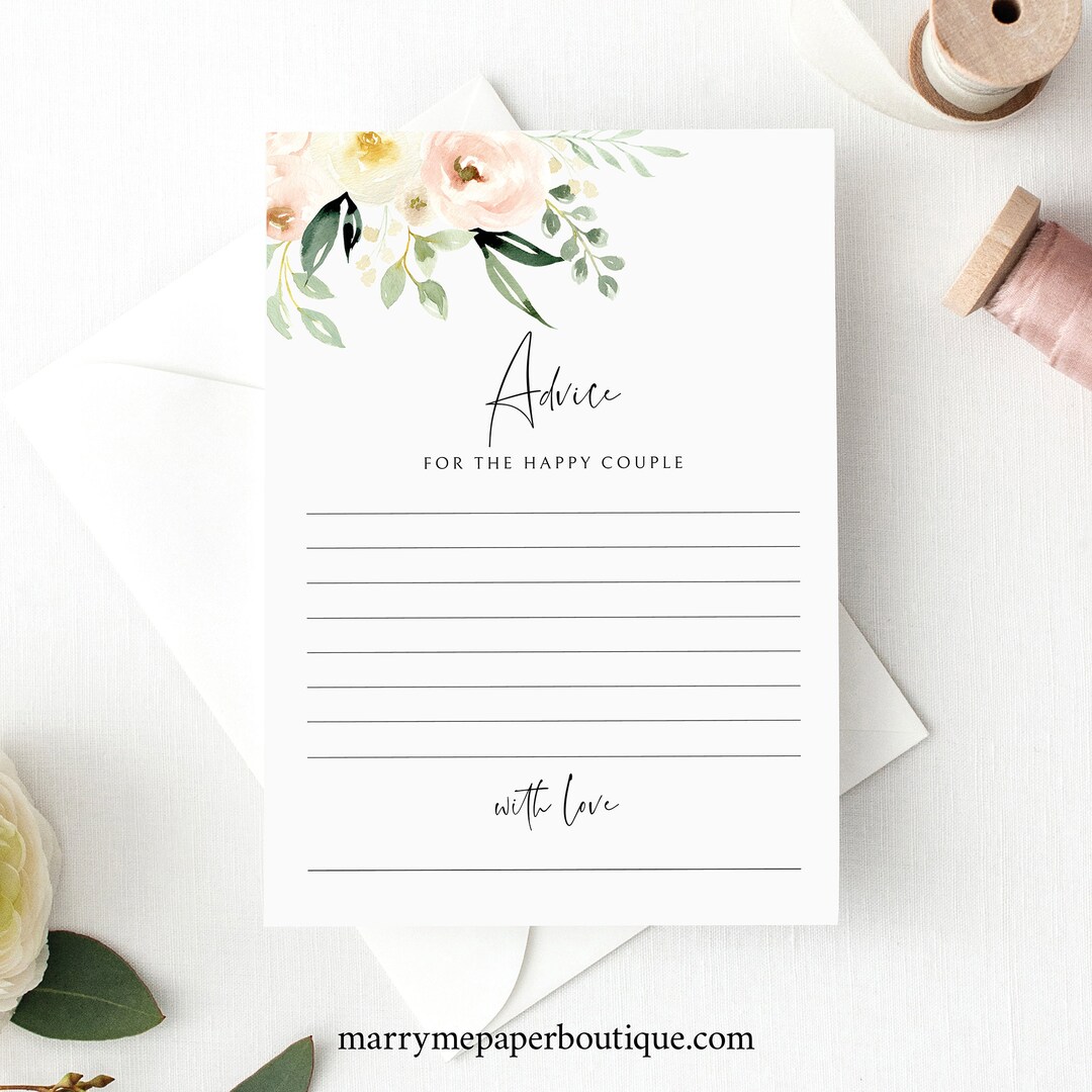 Advice Card Template, Pink Floral Greenery, Ivory, Printable Wedding ...