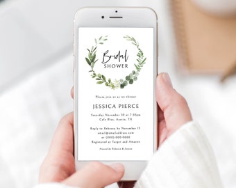 Bridal Shower Text Invitation Template, Elegant Greenery, Digital Text Invite, Templett INSTANT Download, Editable