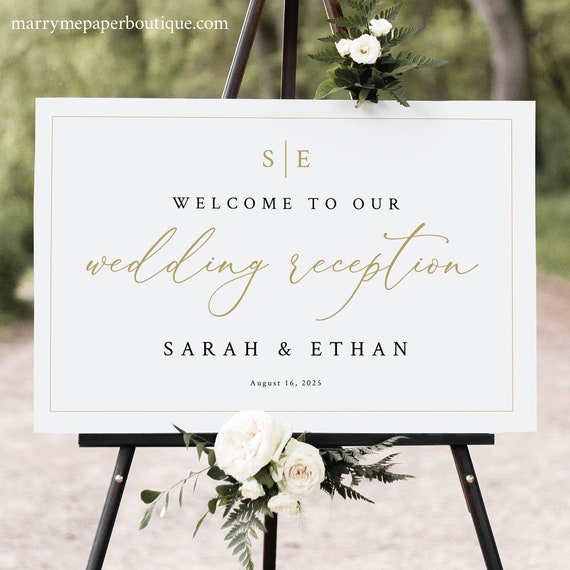 Wedding Reception Welcome Sign Template, Minimalist Wedding Monogram, Gold, Welcome to our Reception Sign, Templett INSTANT Download