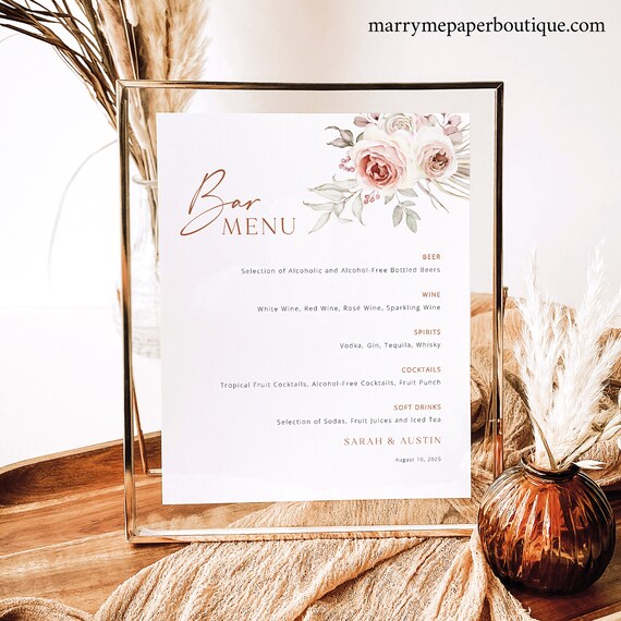 Bar Menu Template, Elegant Floral Boho, 8x10 Bar Menu, Boho Wedding Drinks Menu Template, Editable, Printable, Templett INSTANT Download