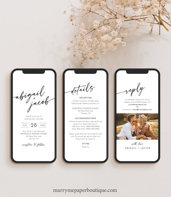 Wedding Invitation Text Template, Modern Minimalist Calligraphy, RSVP, Details, Digital Wedding Invite, Editable, Templett INSTANT Download