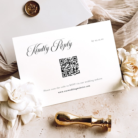 RSVP Card Template, Classic Wedding Calligraphy, Editable, QR Code Reply Card, Wedding RSVP Enclosure Card, Templett Instant Download