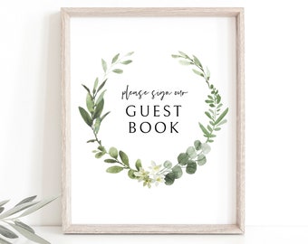 Guest Book Sign Template, Elegant Greenery, Please Sign Our Guestbook Sign, Printable, Wedding Sign, Editable, Templett INSTANT Download