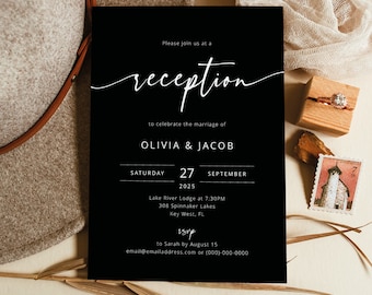 Reception Invitation Template, Modern Script, Black, Editable, Wedding Reception Invitation Card, Printable, Templett INSTANT Download