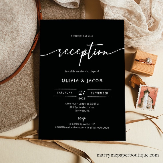 Reception Invitation Template, Modern Script, Black, Editable, Wedding Reception Invitation Card, Printable, Templett INSTANT Download