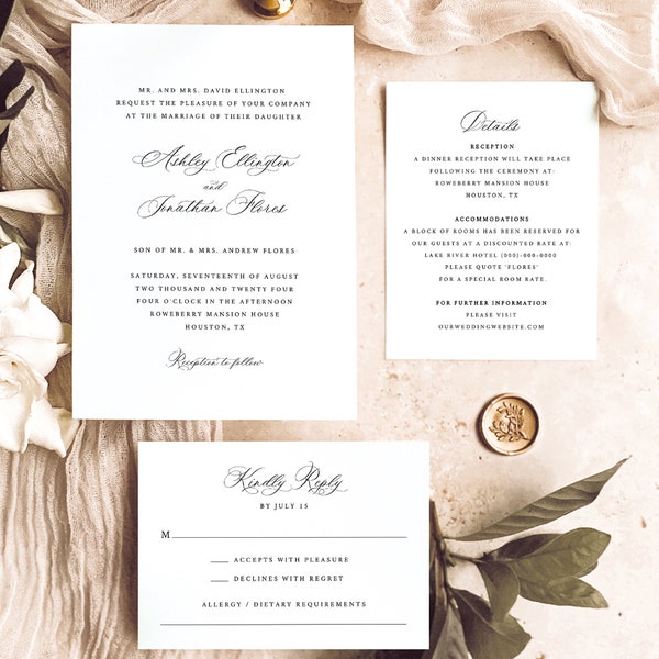 Wedding Invitation Template Suite, Elegant Classic Calligraphy, Printable Wedding Invitation Set, Editable, Templett INSTANT Download