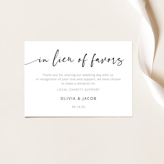 In Lieu of Favors Card Template, Modern Calligraphy, Charity Donation Card, Printable, Editable, Minimal, Modern, Templett INSTANT Download