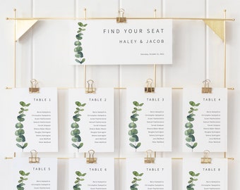 Seating Chart Cards Template, Elegant Eucalyptus, Greenery Seating Plan Cards, Printable, Editable Seating Cards, Templett INSTANT Download