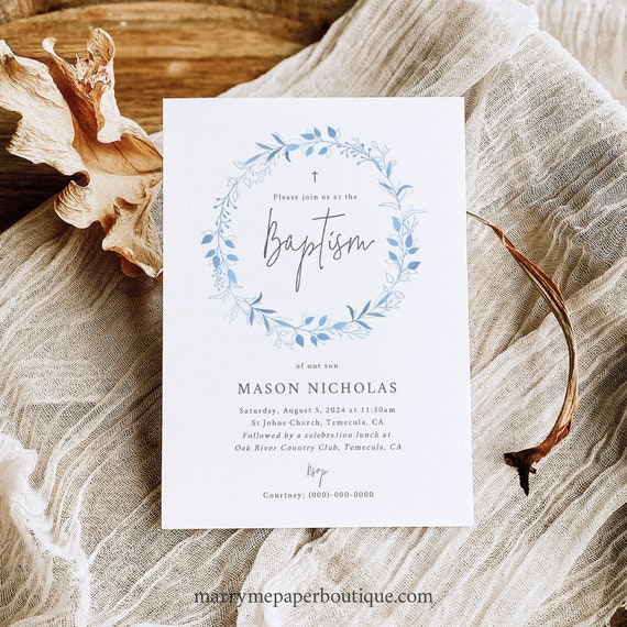 Baptism Invitation Template, 5x7, Light Blue Wreath, Order Edit & Download In Minutes, Try Before Purchase