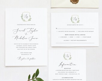 Wedding Invitation Template Set, Greenery Wedding Crest, Printable Invitation Suite with RSVP & Details, Editable, Templett INSTANT Download