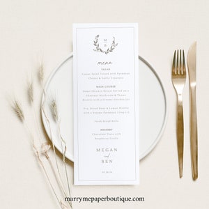 Wedding Menu Template, Elegant Wreath Monogram, Wedding Table Menu Card, Printable, Editable, Tall Thin Menu, Templett INSTANT Download image 1