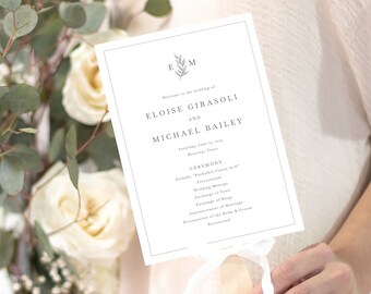 Wedding Program Fan Template, Leaf Monogram Border, Wedding Monogram, Wedding Fan Program, Printable, Editable, Templett INSTANT Download