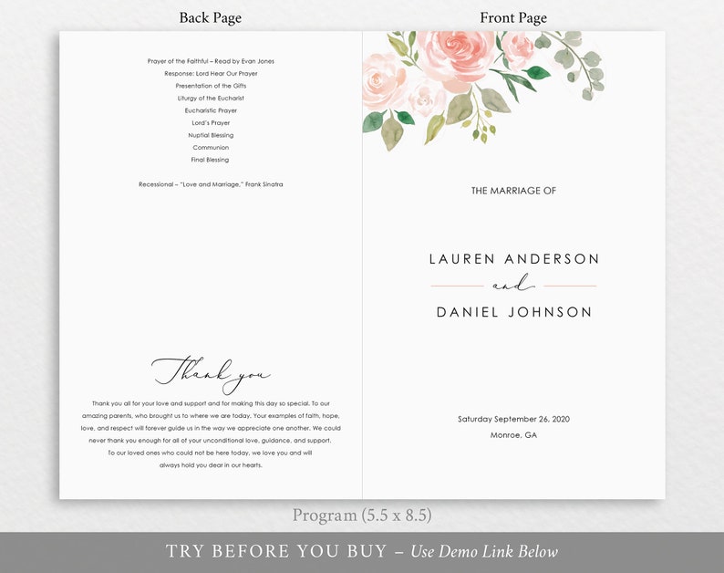TRY BEFORE You BUY Instant Download 100/% Editable Pink /& Blush Floral Catholic Ceremony Program Printable Wedding Program Template