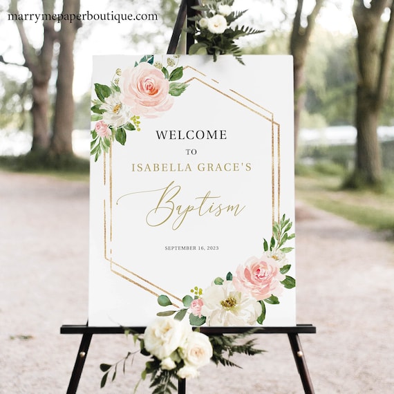 Baptism Welcome Sign Template, Pink Floral Hexagonal, Editable.