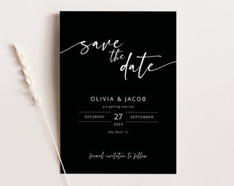 Save the Date Card Template, Modern Script Black, Editable Save The Date, Printable, Save Our Date Template, Templett INSTANT Download