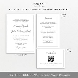 Wedding Invitation Template Set, Traditional Wedding Calligraphy, Border, Editable QR Code RSVP Reply, Printable, Templett INSTANT Download image 4