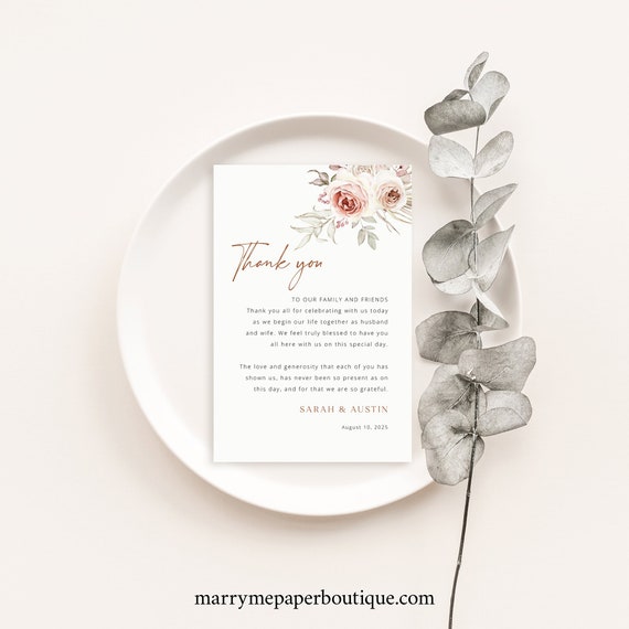 Wedding Thank You Note Template, Elegant Floral Boho, Printable, Boho Wedding Guest Thank You Letter, Editable, Templett INSTANT Download