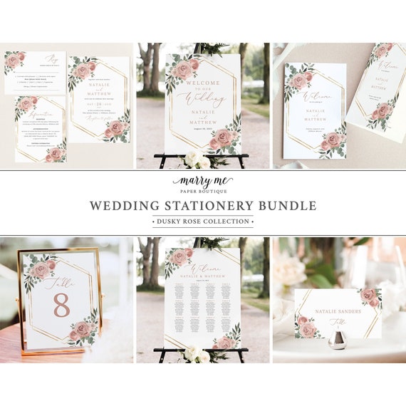 Wedding Stationery Bundle Template Set, Dusky Pink Floral Wedding Stationery Templates, Printable Wedding Bundle, Templett INSTANT Download