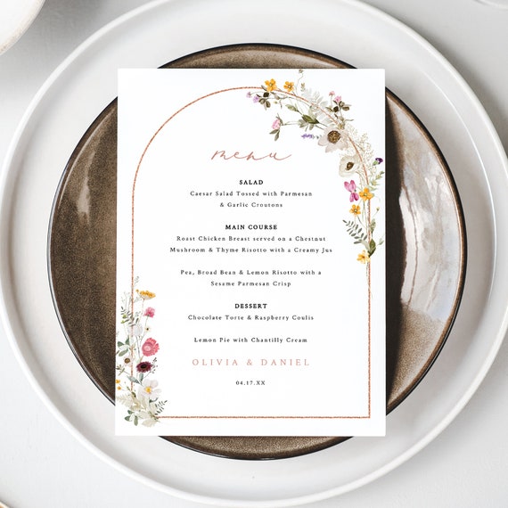 Wildflower Wedding Menu Template, Rustic Wildflower Arch, Editable, Wedding Table Menu, Wildflower Menu Card, 5x7, Templett INSTANT Download