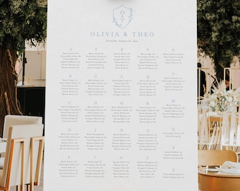 Wedding Seating Plan Template, Light Blue Crest & Monogram, Seating Chart Printable, Seating Poster, Editable, Templett INSTANT Download