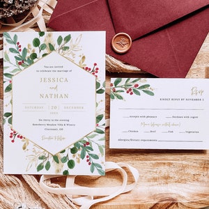 Winter Berry Invitation Template Set, Christmas Wedding Invitation Printable, Details & RSVP, Editable Templett, Instant Download image 2