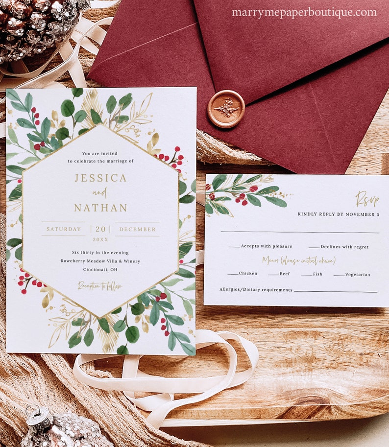 Winter Berry Invitation Template Set, Christmas Wedding Invitation Printable, Details & RSVP, Editable Templett, Instant Download image 2