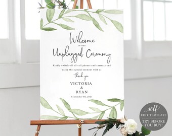 Unplugged Ceremony Sign Template, Greenery Leaves, Try Before Purchase, Editable Instant Download