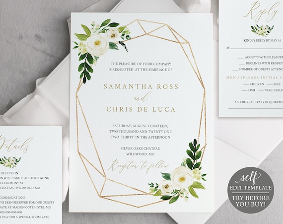 Wedding Invitation Set Templates, White Floral Geometric, Fully Editable Instant Download, TRY BEFORE You BUY