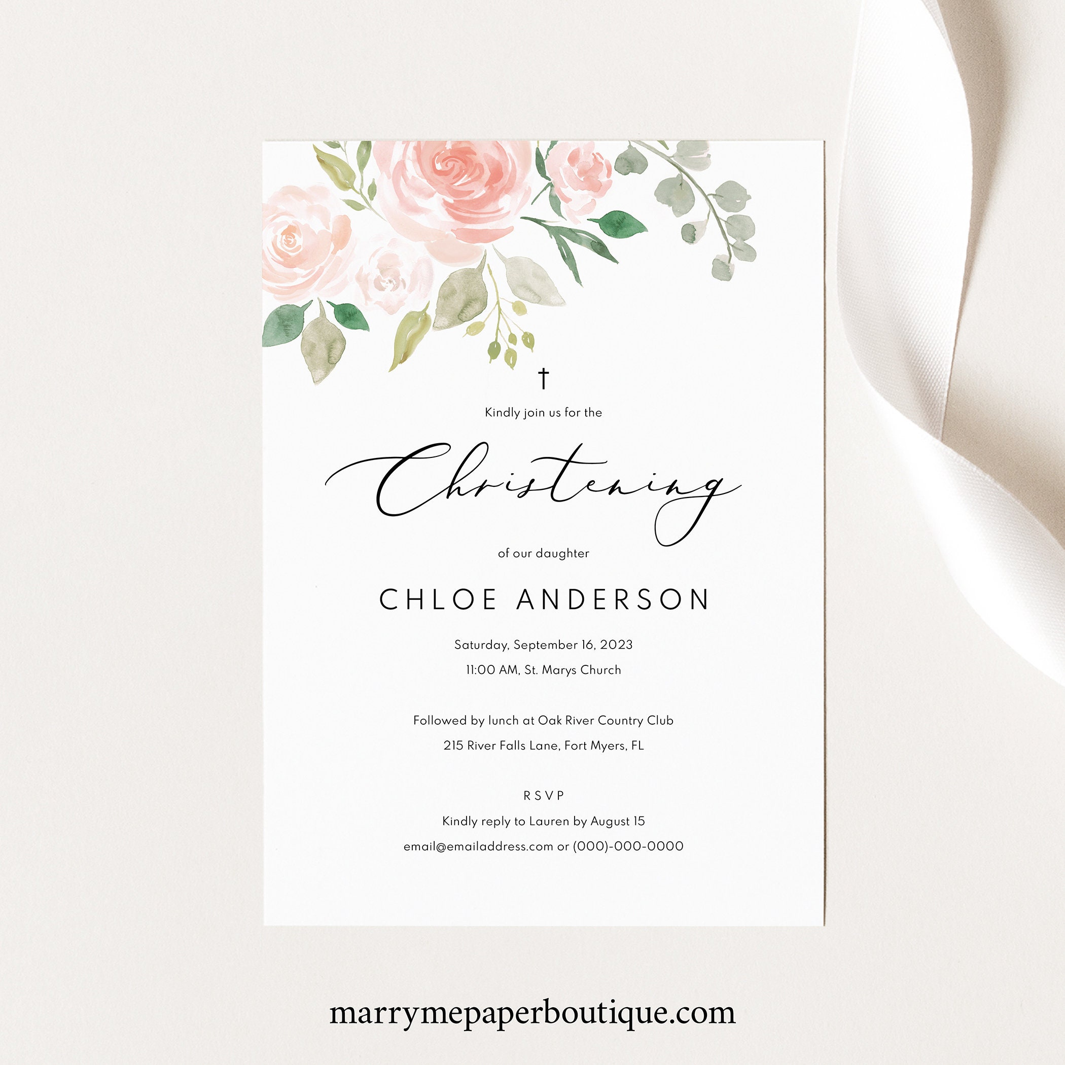 Floral Christening Invitation Template, Printable Christening For Blank Christening Invitation Templates