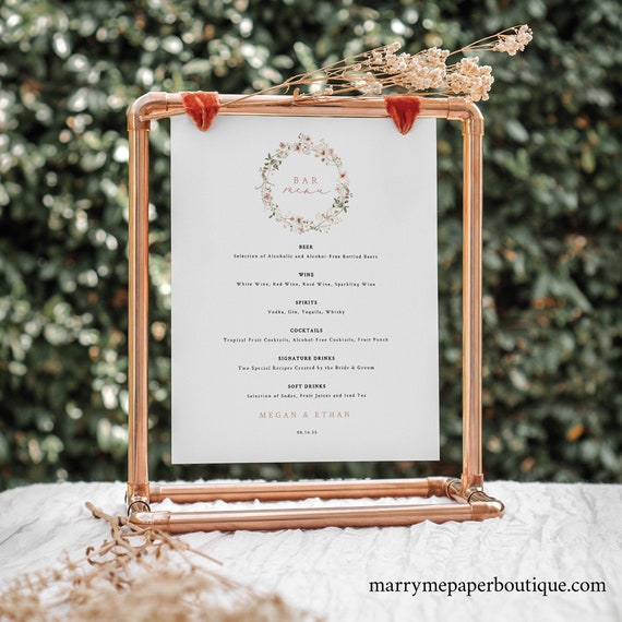 Wedding Bar Menu Template, Rustic Pink Flowers, Editable, Drinks Menu, Pink Floral Bar Menu Sign Printable, 8x10, Templett INSTANT Download