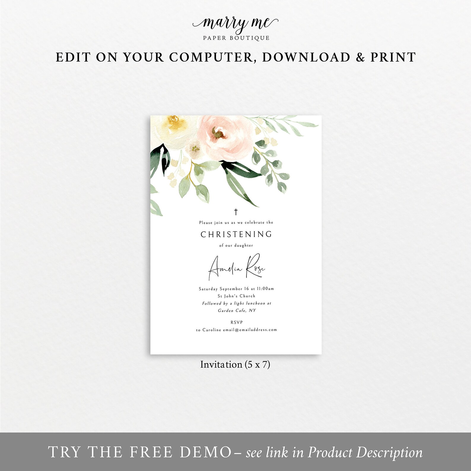 Christening Invitation Template Pink Floral Greenery Ivory - Etsy