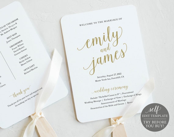 Gold Wedding Program Fan Template Printable Wedding Fan Gold Etsy